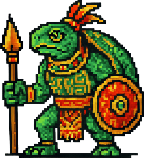 Generame un guerrero azteca con patrones, estilo pixelar, ademas sera un Tortuga de ciénaga colombiana humanoide.
In-Game asset.  2d.  High contrast.  No shadows