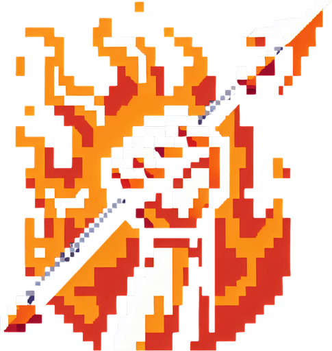 Pixelart. An icon of a an arm holding  javelin with fire around it..
Single Game Texture. In-Game asset. 2d. Blank background. High contrast. No shadows.