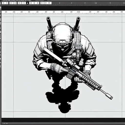 character with a gun looking from above.
Single Game Texture. In-Game asset. 2d. Blank background. High contrast. No shadows.