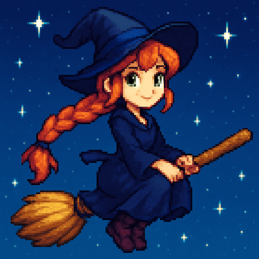 “High-quality 2D pixel art of a witch girl flying on a magic broomstick. She has fair skin, bright green eyes, and long orange braided hair. She is wearing a classic witch hat and outfit. She is sitting sideways on the broom (her body facing the viewer, but her head turned to look forward in the direction of flight). The background is a clear sky or night sky with stars. The art should have a magical, whimsical feeling with detailed shading and vibrant colors.”.
In-Game asset.  2d.  High contrast.  No shadows