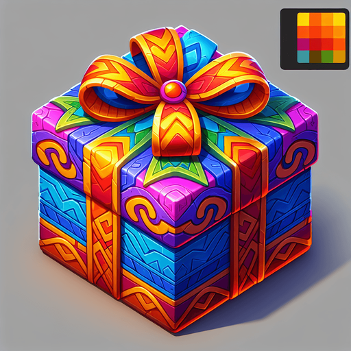 gift wrapped box, vivid colours. with bow on top Single Game Texture. In-Game asset. 2d. Blank background. High contrast. No shadows. Single Game Texture. In-Game asset. 2d. Blank background. High contrast. No shadows.