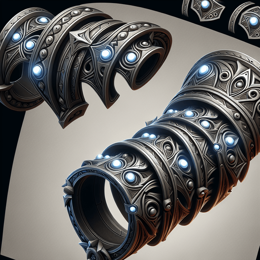 A stylized metallic bracer or weapon hilt showing empty sockets being filled by small, glowing runes or gems..
Single Game Texture.  In-Game asset.  2d.  Blank background.  High contrast.  No shadows