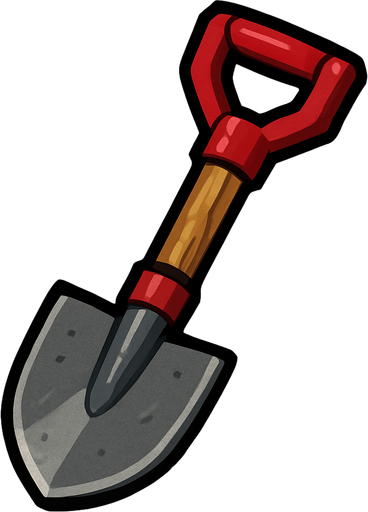 pequeña pala de acero, con mango de madera y un agarre de color rojo.
In-Game asset.  2d.  High contrast.  No shadows