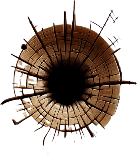wood bullet hole.
Single Game Texture. In-Game asset. 2d. Blank background. High contrast. No shadows.