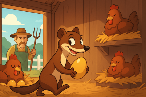 Fullscreen modern App Store landscape banner, 16:9, high definition, for a game titled "Sneaky Weasel: Egg Heist" and with the description "Play as a sneaky weasel stealing eggs from a chicken coop while avoiding the watchful farmer. Grab eggs from under sleeping hens, escape with them for 10 points each, and try to clear the entire coop without getting caught. Success means a delicious egg feast for your weasel!". No text on banner!