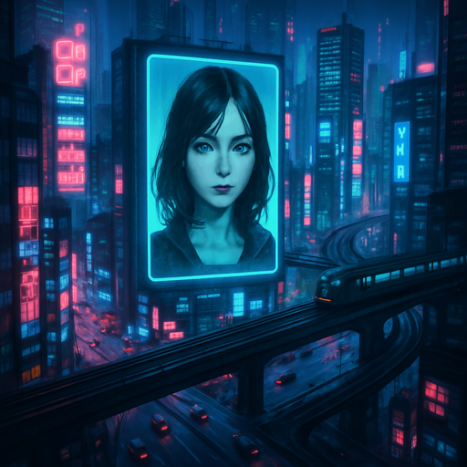Cyberpunk city. have digital screens and digital girl have black hair talking on it. towers. from above. cars on roads. Trains roads. HD colors.