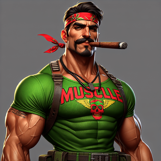 Badass marine with a green muscle T-shirt and a red bandana and a big cigar hanging from his mouth.
Single Game Texture. In-Game asset. 2d. Blank background. High contrast. No shadows.