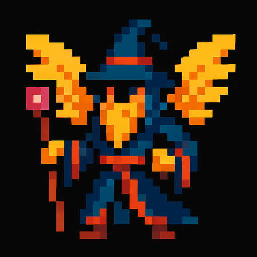 kanatlı piksel büyücü.
In-Game asset.  2d.  High contrast.  No shadows