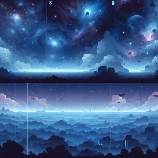 A vibrant and dynamic 2D space background for a top-down space shooter game. The scene features a deep, dark space filled with glowing nebulae in shades of blue and purple, scattered distant stars, and swirling cosmic dust. A subtle parallax effect is suggested with faintly glowing planets and asteroids in the background. The atmosphere is slightly mysterious and futuristic, with soft light gradients to create depth. The overall tone is immersive but does not distract from gameplay, ensuring clear visibility of player and enemy ships..
Single Game Texture.  Blank background.  High contrast.  No shadows