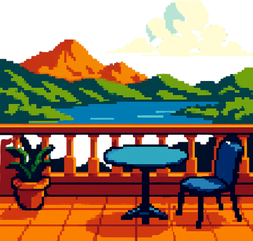 balkon manzarası görüntüsü oluştur pixel art tarzında.
In-Game asset.  2d.  High contrast.  No shadows