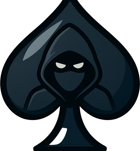 Add an icon of a cartoon spy with a hood and a mask on in the center of the spade.