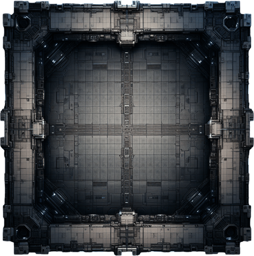 Create the top down view of what it would look to be inside of a very dark space ship's empty cargo bay..
Single Game Texture. In-Game asset. 2d. Blank background. High contrast. No shadows.