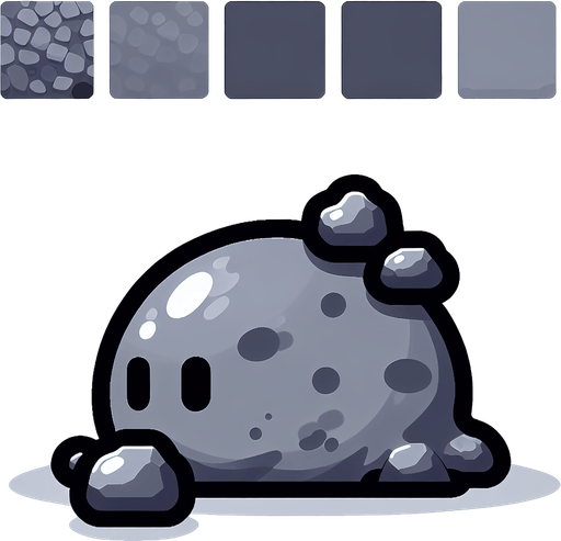 Un slime gris RPG con rocas en su espalda. Estilo suave y simple.
Single Game Texture.  In-Game asset.  2d.  Blank background.  High contrast.  No shadows