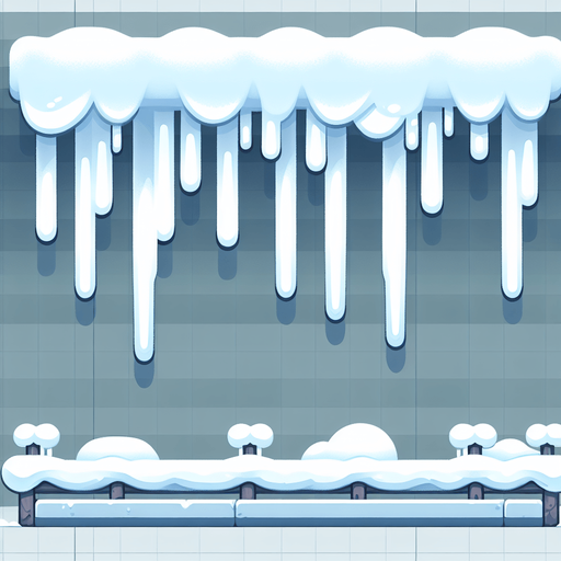 Simple Row of iceales hanging from snowy bar, cartoon. Flat, seen from side. Single Game Texture. In-Game asset. 2d. Blank background. High contrast. No shadows.