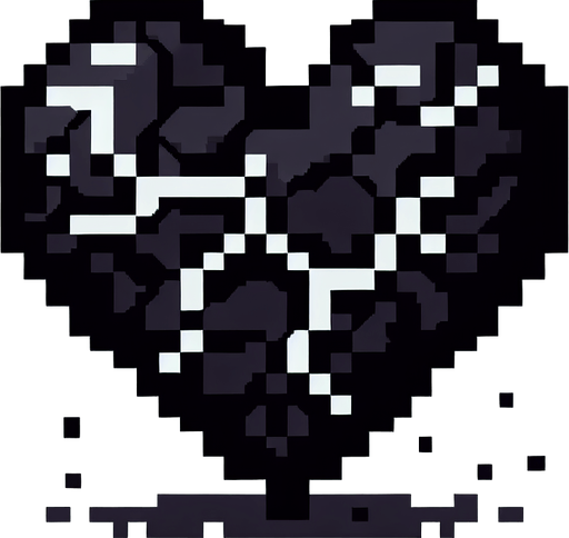 a blackened cracked heart, pixel art, no shadow

Single Game Texture. In-Game asset. 2d. Blank background. High contrast. No shadows.
