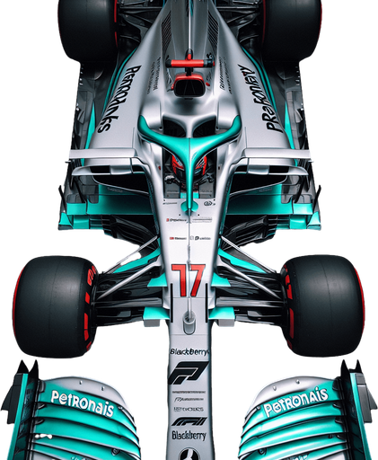 Silver f1 mercedes race car with turquoise green lines and REARwings and white "PETRONAIS" text on wings.
Red race number on car nose. black Blackberry text on sides. Top view.