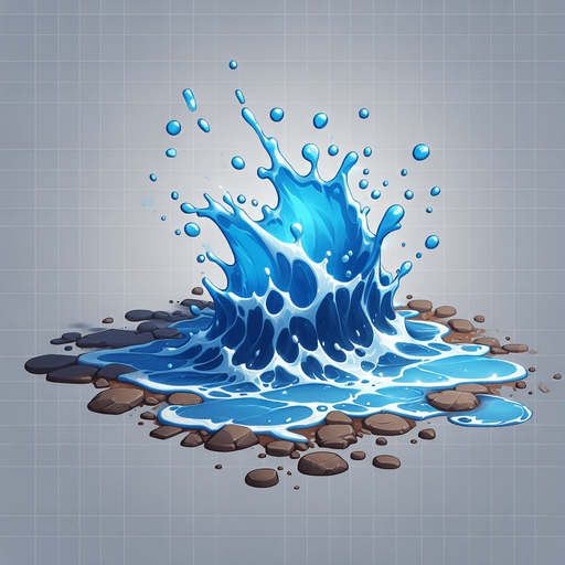 Water spill.
Single Game Texture.  In-Game asset.  2d.  Blank background.  High contrast.  No shadows