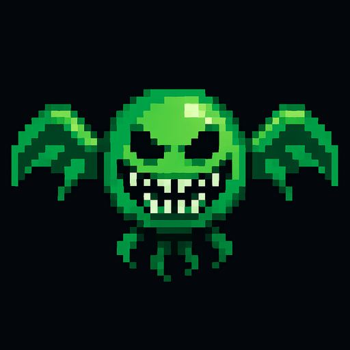 a pixelart flying space enemy. Green color, scary smiley face.
In-Game asset.  2d.  High contrast.  No shadows