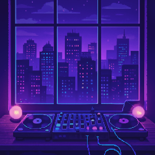A 2048x2732 vertical pixel art background for the main menu of a rhythm game. The scene shows a moody, neon-lit cityscape at night through a big window behind a cozy, minimal DJ setup. The foreground includes soft lights, vinyl records, and glowing cables. Background buildings feature soft pulsing lights and pixel-style clouds or stars. The mood is dreamy, lo-fi, and rhythmic, with purple, indigo, and cyan tones. No characters or text, just a calm and stylish menu background..
In-Game asset.  2d.  High contrast.  No shadows