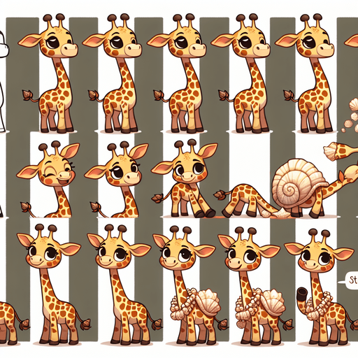 A spritesheet with a number of poses of a cartoonish giraffe with a seashell necklace, smiling, walking, waiting, standing, ordering, turning, etc. all seen from the side.The spritesheet should be laid out in a rectangular grid with clear space between each individual sprite. Each sprite in the sheet should be around 300x600 pixels in size..
Single Game Texture. In-Game asset. 2d. Blank background. High contrast. No shadows.