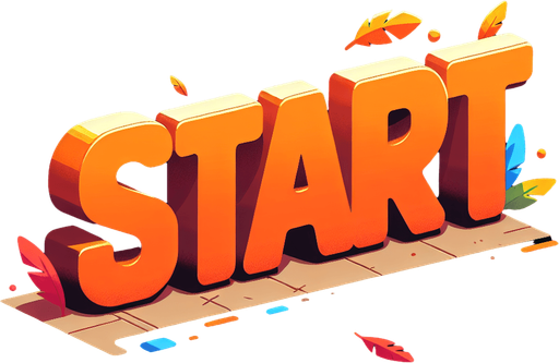 a orange SVG with big bold letters, that says start. a couple color feathers flying of the edge of the word.
Single Game Texture.  In-Game asset.  2d.  Blank background.  High contrast.  No shadows