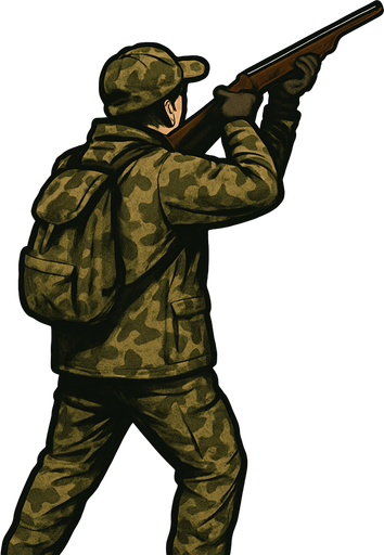 kamuflaj giymiş avcı ayakta yukarıya ateş ediyor .gerçek fotoğraf..
In-Game asset.  2d.  High contrast.  No shadows sırtı bize dönük olsun