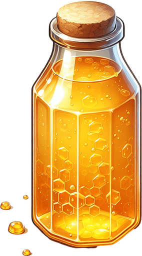A glass bottle filled with honey.
Single Game Texture. In-Game asset. 2d. Blank background. High contrast. No shadows.