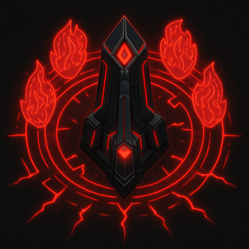 top-down view, high-tech energy obelisk, emits area energy pulses, holographic fire shield patterns, black and red glowing accents.
In-Game asset.  2d.  High contrast.  No shadows