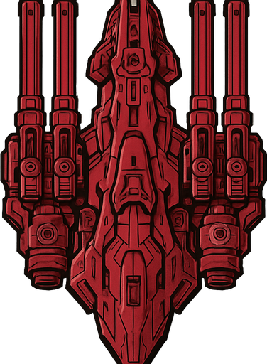Giant bordeux ostentatious alien ship with ostentatious giant guns. Looking straightly down
In-Game asset.  2d.  High contrast.  No shadows
