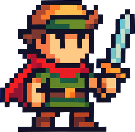 pixel art
Hero.
In-Game asset.  2d.  High contrast.  No shadows