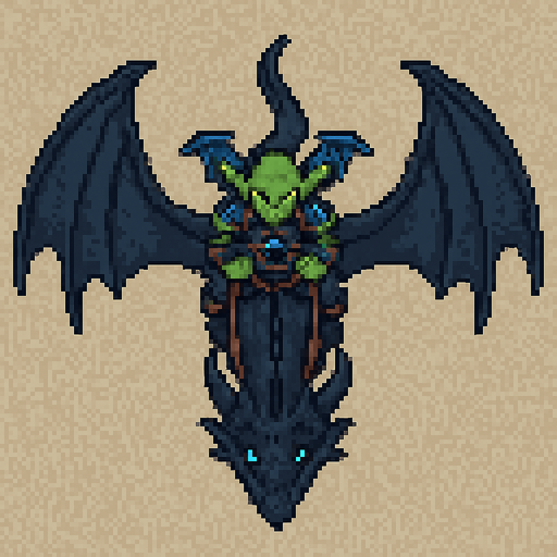 “Top-down pixel art of a goblin riding a flying  black - dark blue dragon. The dragon has wide, leathery wings fully extended, a long tail, sharp back ridges, and glowing blue eyes. It’s flying mid-air, viewed directly from above. The goblin is sitting on the dragon’s back,  blue dragon wings, holding reins or gripping a saddle, wearing dark fantasy armor with blue glowing runes. Designed as a 2D game sprite with a fantasy style, organic (non-mechanical) dragon, both characters seen from above.”.
In-Game asset.  2d.  High contrast.  No shadows