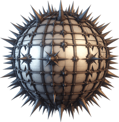 küre her yöne simetrik demir diken.
Single Game Texture. In-Game asset. 2d. Blank background. High contrast. No shadows.