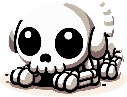 a cartoon skeleton puppy. lying down. head between paws..
Single Game Texture. In-Game asset. 2d. Blank background. High contrast. No shadows.