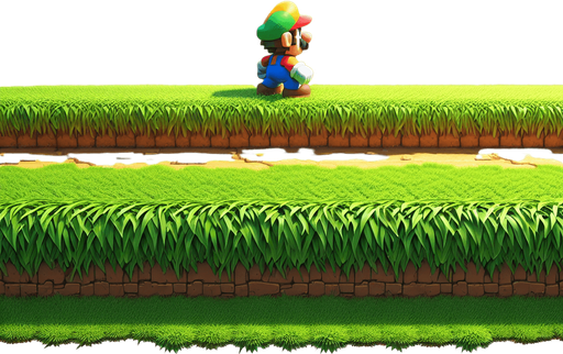Side on. Dirt with grass. Full width. Super mario.
Blank background.  High contrast.  No shadows