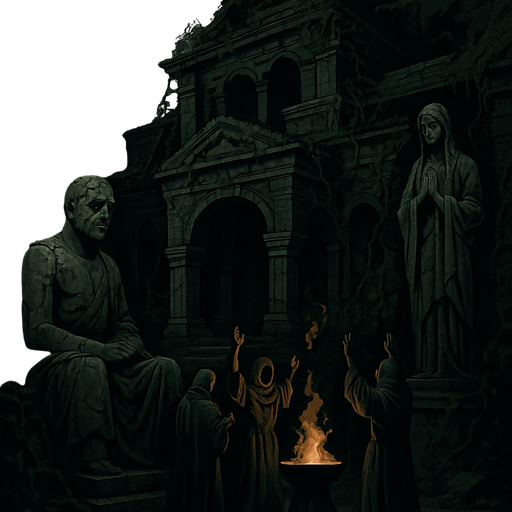 A forgotten mountain temple shrouded in shadow, stone statues with cracks, cloaked worshippers performing a dark ritual, vines crawling over walls, realistic.
In-Game asset.  2d.  High contrast.  No shadows