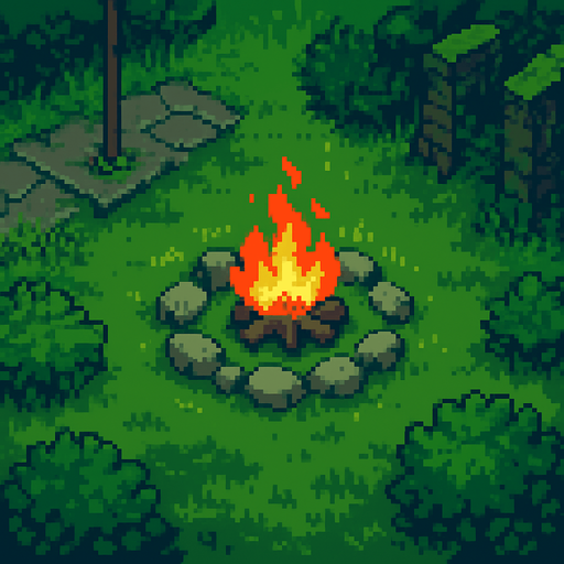 A post-apocalyptic green forest area with a campfire in the middle and stones around it,pixel art,less pixel,some bushes around.
In-Game asset.  2d.  High contrast.  No shadows. Pixel art
(View from above)