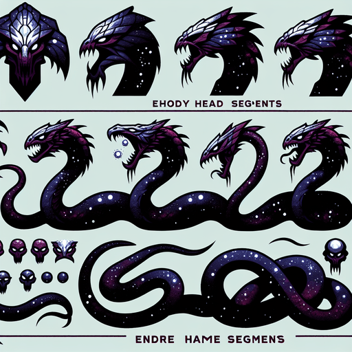 A sprite sheet of evil and dangerous looking outer space dragon serpents, head and body segments..
Single Game Texture. In-Game asset. 2d. Blank background. High contrast. No shadows.