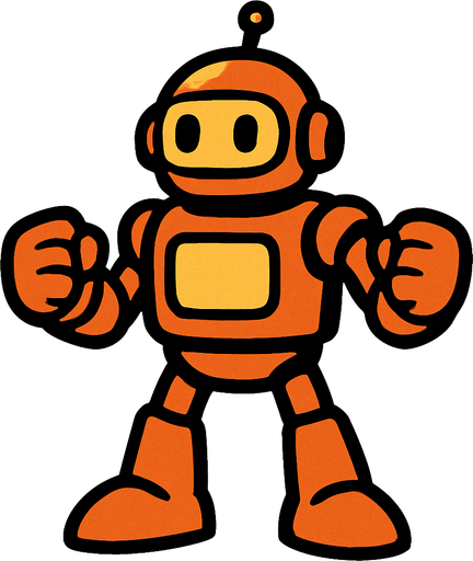 The entire body of the robot should be visible, and its hands should be in a fist shape..
In-Game asset.  2d.  High contrast.  No shadows
