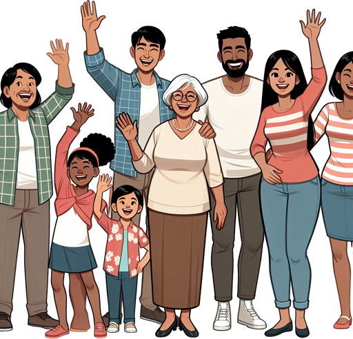 A smiling family waving..
Single Game Texture. In-Game asset. 2d. Blank background. High contrast. No shadows.