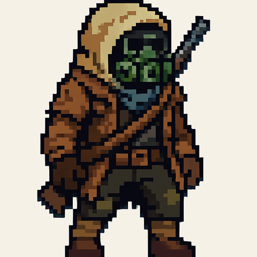 Post apocalyptic man pixel art less pixel.
In-Game asset.  2d.  High contrast.  No shadows. Pixel art