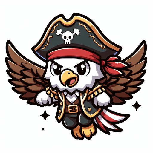 chibi cartoon eagle pirate fly.
Single Game Texture.  In-Game asset.  2d.  Blank background.  High contrast.  No shadows