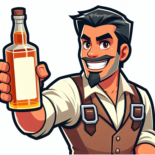 upper torso of a western cartoon barman getting ready to throw a bottle of whiskey..
Single Game Texture. In-Game asset. 2d. Blank background. High contrast. No shadows.