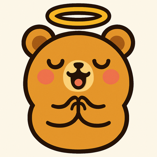 un oso redondito, con una aureola, cara kawai y con los brazitos juntitos como rezando y cantando.
In-Game asset.  2d.  High contrast.  No shadows
