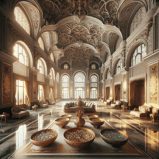 Hall in a luxury oriental castle (with bowls of gems)