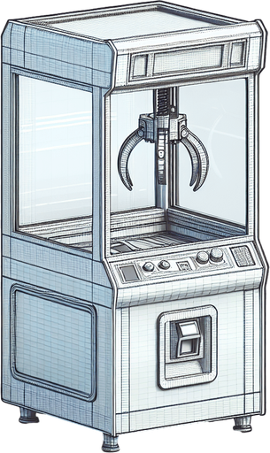 A claw grabber arcade machine with transparent screen.
Single Game Texture. In-Game asset. 2d. Blank background. High contrast. No shadows.