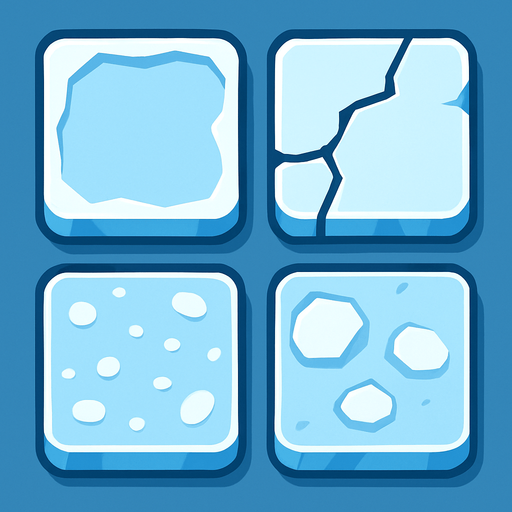 Generate a 2D sprite sheet arranged in a 2x2 grid, featuring game tiles of stylized arctic ice for a mobile game. The art style should be a clean vector illustration with flat colors and high contrast, suitable for a top-down, bird's-eye view. There should be no shadows.
The sprite sheet must show 4 distinct variations of an ice tile, each with a different surface appearance:.
In-Game asset.  2d.  High contrast.  No shadows