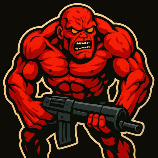 boss zombi çok kaslı akıllı ve silahlı sinirli kızgın ve ten rengi kırmızı.
In-Game asset.  2d.  High contrast.  No shadows