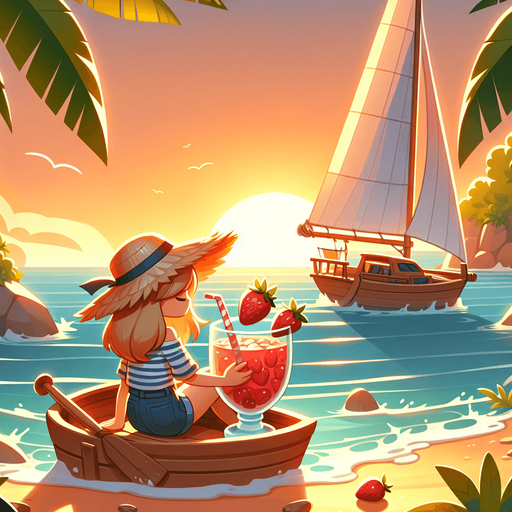 An idyllic llustration of a beach cove where a blnd girl in a strawhat i en joying an enormous strawberry drink on her sailing boat as the sun sets. Clean game art illustration style..
Single Game Texture. In-Game asset. 2d. Blank background. High contrast. No shadows.