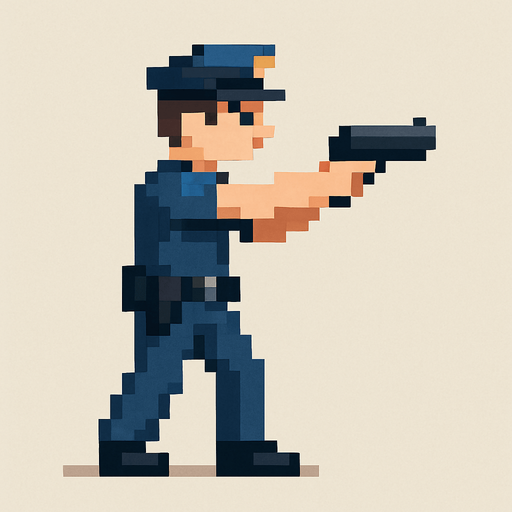 un policia  de cuerpo completo hecho con pixeles con persepectiva lateral apuntando con un arma
I