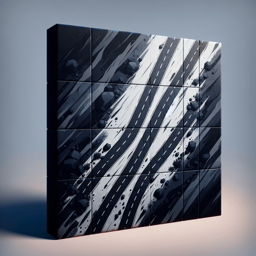 create a black color road.
Single Game Texture.  In-Game asset.  2d.  Blank background.  High contrast.  No shadows